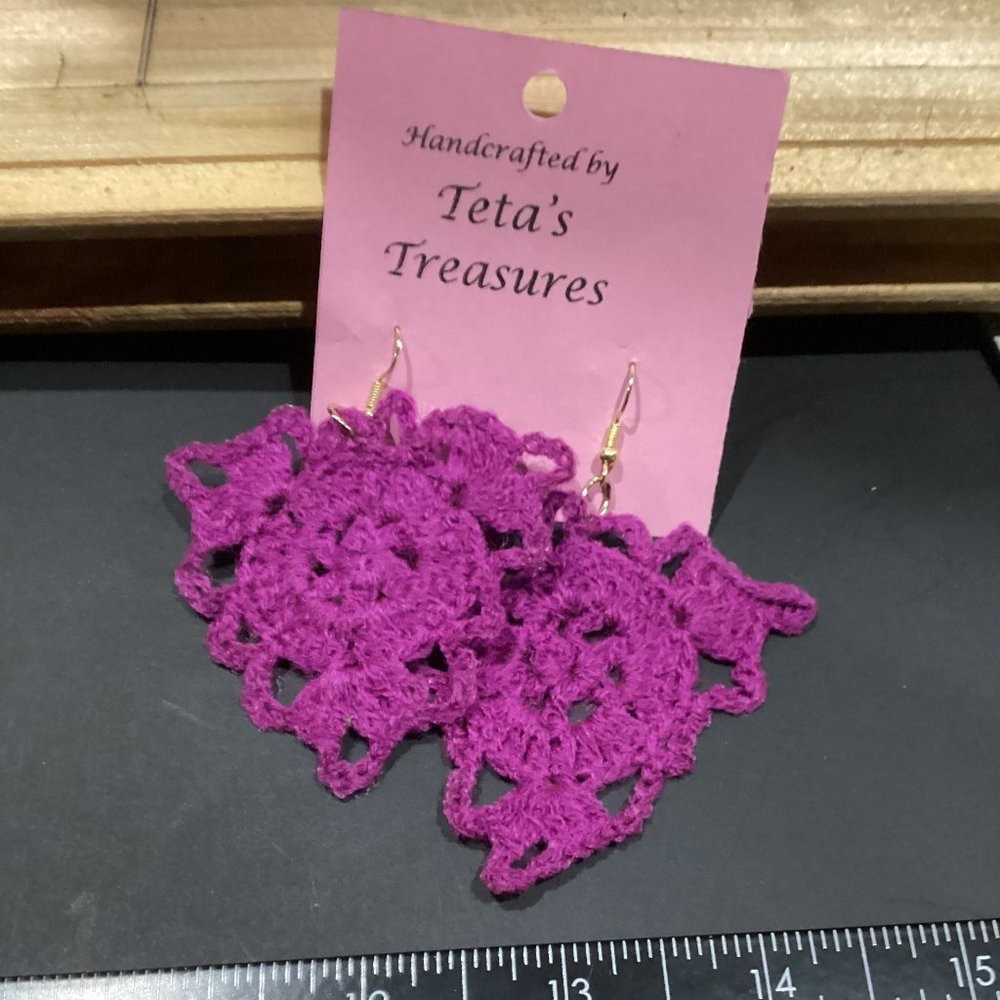 Earrings Fuchsia Pink Triangle Crocheted Crochet Hand Crafted
